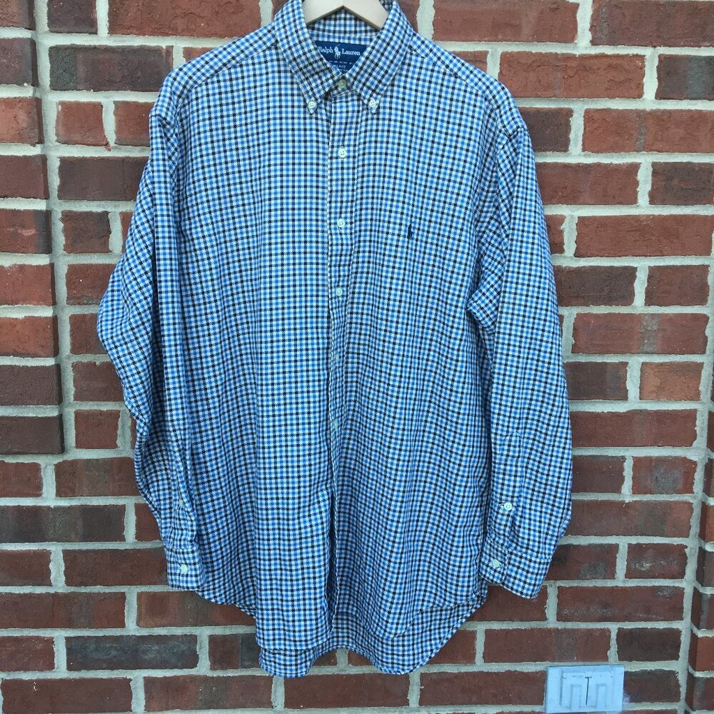 Ralph Lauren Blake Button Down Large Blue Navy Gingham Check VTG 90s Blue Label